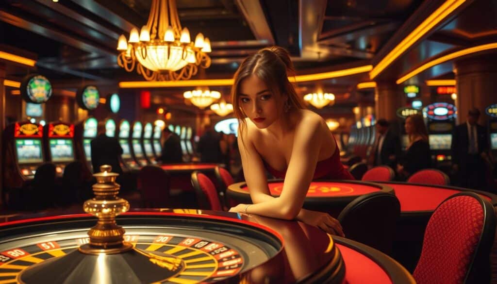 A dimly lit casino interior, with an ornate chandelier casting a warm glow over the felt-topped gaming tables. In the foreground, a woman in a sleek, crimson dress leans over a roulette wheel, her expression intense as she considers her next move. The background reveals rows of slot machines, their screens flickering with dazzling patterns, while well-dressed patrons move between the tables, their faces a mixture of excitement and concentration. The scene conveys both the allure and the potential risks of casino gambling, capturing the high-stakes atmosphere of the "賭場優勢與風險" experience.