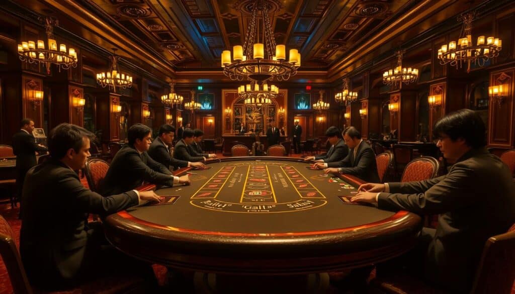 A dimly lit casino interior with lavish decorations, plush carpets, and ornate furniture. In the center, a felt-covered baccarat table with elegant wooden trim, surrounded by players in formal attire intently focused on the game. Soft, warm lighting from chandeliers and sconces casts a golden glow, creating an atmosphere of sophistication and high-stakes excitement. The table is presented from an angle, highlighting the dealer's hands as they deftly shuffle and deal the cards. The scene conveys the essence of the classic baccarat game, where strategy, chance, and the thrill of the moment come together in a timeless, captivating experience.