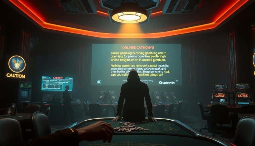 A dimly lit casino interior, with muted colors and a sense of unease. In the foreground, a person hesitantly standing at a gambling table, fingers hovering over the chips. The middle ground features a shadowy figure, representing the temptation of high-stakes gaming. In the background, a screen displays cautionary statistics and information about online gambling risks, providing a stark contrast to the allure of the casino. The scene is illuminated by a warm, focused light, creating a sense of tension and the need for vigilance. The overall mood is one of caution and the importance of responsible gambling practices.