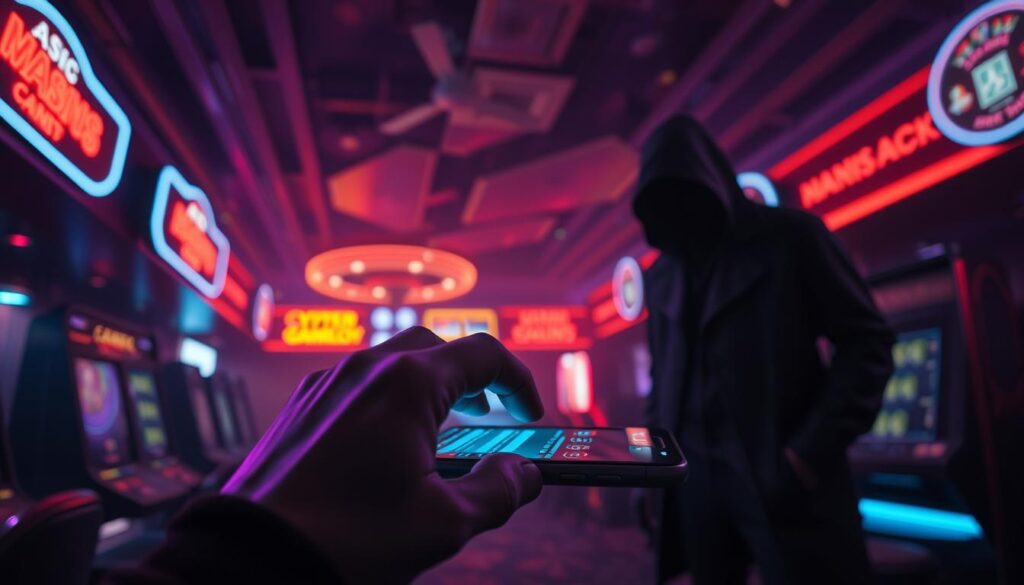 A dimly lit casino interior, with neon lights casting an eerie glow. In the foreground, a person's hand cautiously hovers over a mobile device, as they navigate an online gambling platform. The middle ground depicts a shadowy figure, possibly a scammer, lurking in the background. The scene conveys a sense of unease and the potential risks associated with online gambling, emphasizing the need for vigilance and caution. The lighting is dramatic, with deep shadows and highlights that add to the ominous atmosphere. The camera angle is slightly low, creating a sense of tension and foreboding.