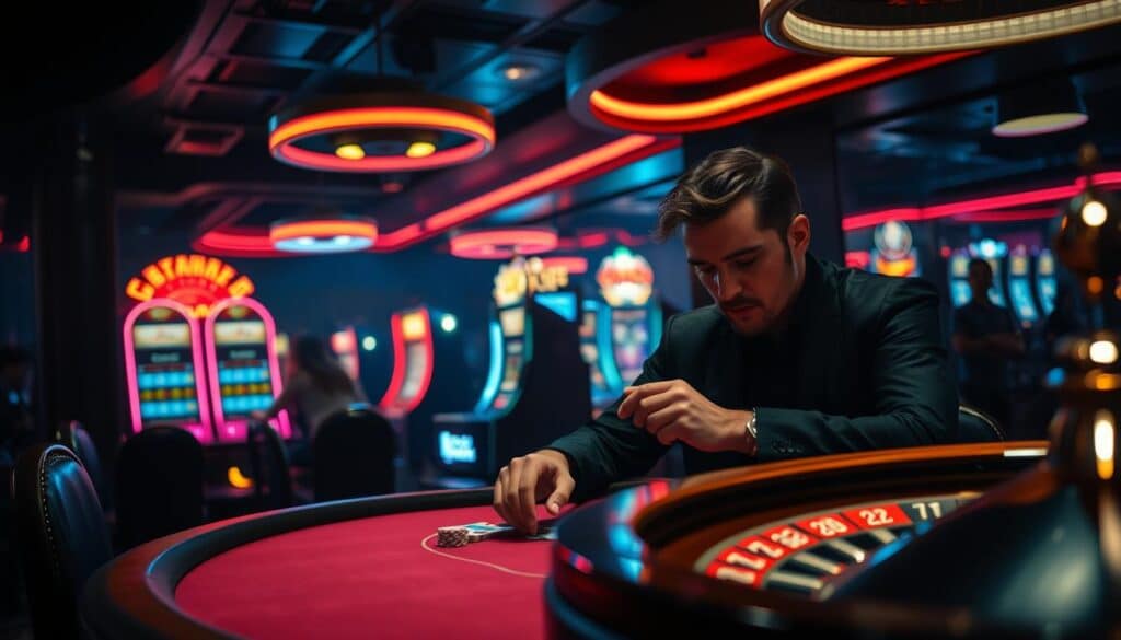 A dimly lit casino interior, with neon-lit gaming tables and slot machines casting a vibrant glow. In the foreground, a skilled gambler sits at a blackjack table, carefully studying the cards and making strategic decisions. Nearby, a roulette wheel spins, its metallic surface reflecting the soft, warm lighting. The background is filled with the subtle hum of conversation and the occasional jingle of winning payouts. The scene conveys a sense of concentration, anticipation, and the thrill of high-stakes gaming.