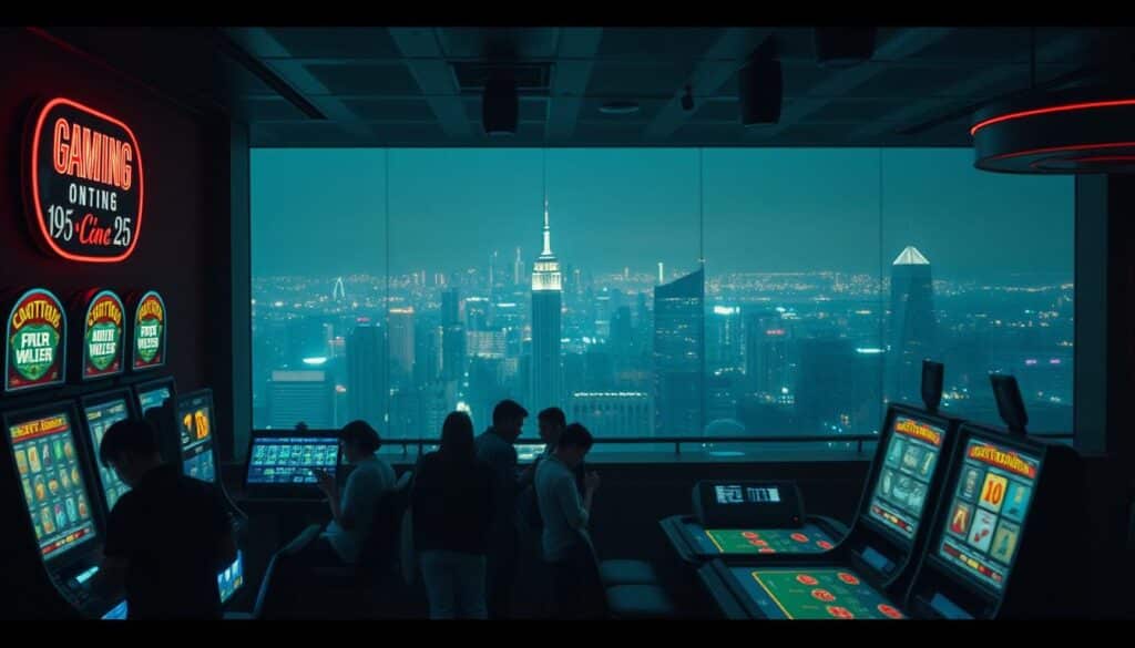 A dimly lit casino interior, with neon-lit slot machines and gaming tables in the foreground. In the middle ground, a group of people intently focused on their phones, engaged in online betting. The background features a panoramic view of a bustling city skyline, hinting at the global nature of the online gambling industry. The scene conveys a sense of excitement and risk-taking, with muted colors and dramatic lighting to create an atmospheric and immersive environment.