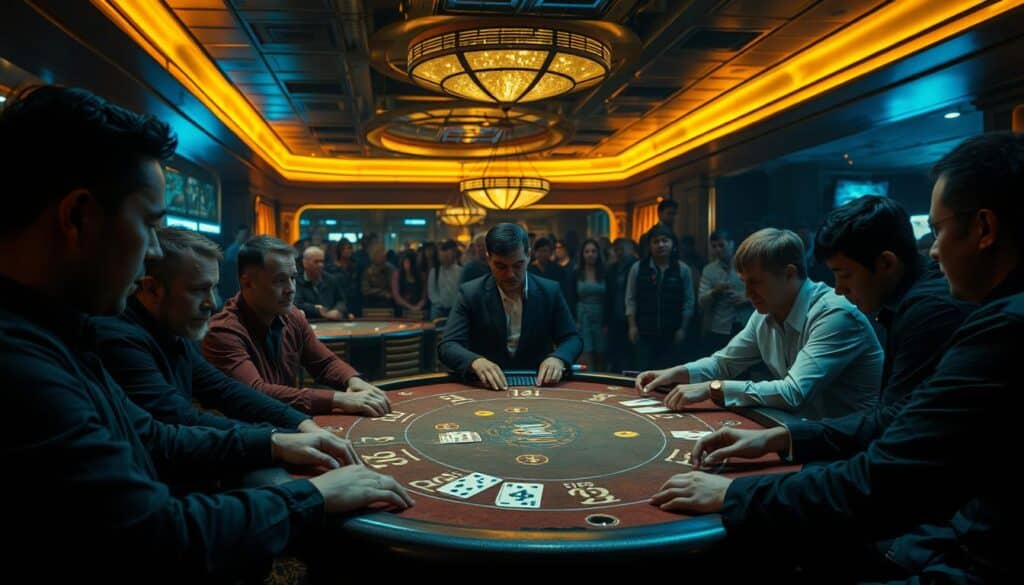 A dimly lit casino interior, with plush carpeting and warm lighting illuminating a blackjack table. In the foreground, a group of focused players engaged in an intense round, their expressions intense as they weigh their options. The middle ground features a dealer calmly directing the game, their practiced hands dealing cards. In the background, a crowd of onlookers watch the proceedings, their faces partially obscured by shadows, creating an air of mystery and anticipation. The scene conveys the thrill and concentration of the game, the players' senses heightened as they seek to outsmart the house and each other. Cinematic camera angles and a moody, atmospheric lighting setup enhance the tension and drama of the moment.
