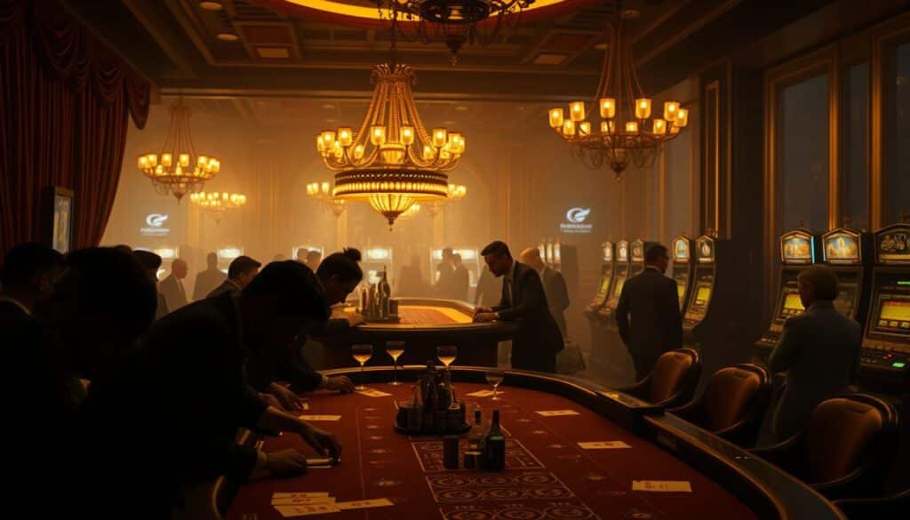 A dimly lit casino interior, with plush velvet curtains and ornate chandeliers casting a warm, golden glow. In the foreground, a high-stakes gambling table is flanked by a group of well-dressed patrons, their faces obscured in shadow as they lean intently over the felt, studying their cards and chips. The middle ground features a bar area, where a bartender is preparing expertly crafted cocktails for discerning guests. The background fades into a hazy, atmospheric scene, with the faint sounds of slot machines and lively chatter creating a sense of excitement and anticipation. The overall mood is one of sophisticated, high-stakes entertainment, capturing the essence of strategic, online gambling.
