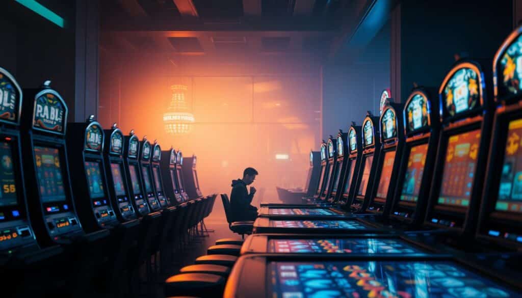 A dimly-lit casino interior, with rows of meticulously-designed slot machines and gaming tables in the foreground. Soft, ambient lighting casts a warm, inviting glow, drawing the viewer's attention to the intricate details of the machines' displays and controls. In the middleground, a solitary player sits focused, hands poised, carefully studying the game's mechanics and patterns, anticipating the perfect moment to make a move. The background is hazy, suggesting the hushed atmosphere of intense concentration and strategic decision-making that permeates the space. An air of calculated precision and mastery of the gaming experience pervades the scene, embodying the essence of "精準把握娛樂城遊戲機會."