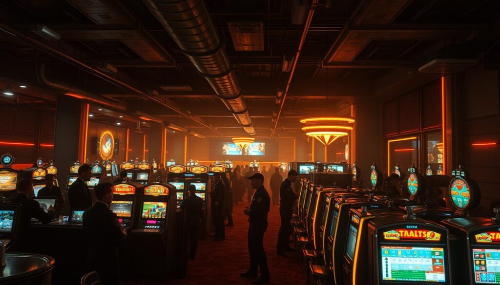 A dimly lit casino interior, with rows of slot machines and gaming tables illuminated by warm, incandescent lighting. Uniformed security guards stand vigilant, monitoring the crowd with a keen eye. Discreet surveillance cameras are mounted on the walls, capturing every movement. The layout is designed to maximize visibility, with clear sightlines and strategic placement of obstacles. A sense of order and control pervades the scene, creating an atmosphere of safety and security for the patrons. The overall impression is one of a well-regulated, professional environment dedicated to ensuring the protection and well-being of its guests.