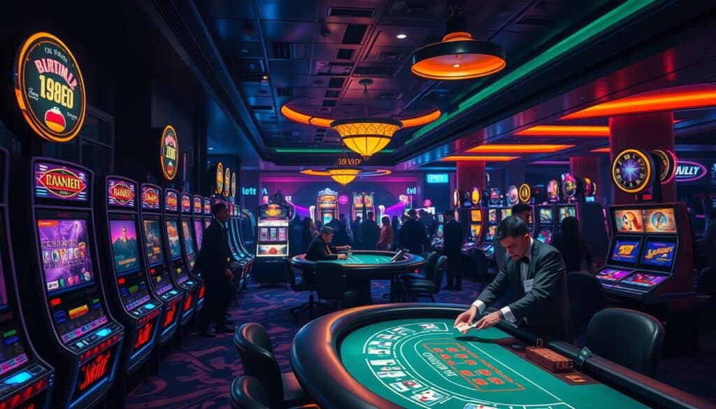 A dimly lit casino interior, with rows of vibrant slot machines and gaming tables in the foreground. In the middle ground, a croupier expertly shuffles cards at a blackjack table, the green felt surface reflecting the warm glow of overhead lighting. In the background, silhouettes of patrons engrossed in various games of chance, the air thick with anticipation. The scene conveys the modern, high-tech atmosphere of a sophisticated casino, where cutting-edge gaming technology and flawless dealer skills captivate the players, immersing them in the thrill of the gamble.