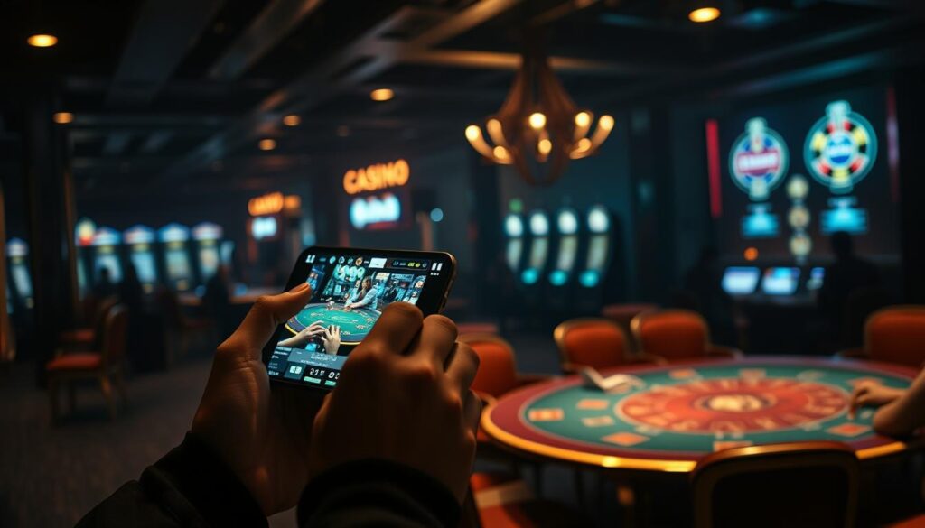 A dimly lit casino interior, with the contrast between a vibrant online gaming interface and the muted tones of a traditional gambling hall. In the foreground, a player's hands hold a mobile device, the screen glowing with a virtual casino scene. In the background, shadowy figures sit at tables, surrounded by the clatter of chips and the glow of slot machines. The composition highlights the juxtaposition between the convenience and flexibility of online gaming versus the more immersive, but potentially addictive, atmosphere of a physical casino. Soft, warm lighting creates a sense of intimacy, while the overall mood conveys the complexities and tradeoffs between these two gaming experiences.