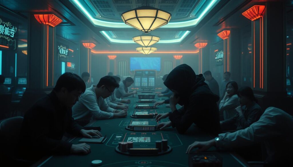 A dimly lit casino interior, with the soft glow of neon lights casting an air of mystery. In the foreground, a group of Taiwanese gamblers intensely focused on the tables, their expressions a mix of excitement and apprehension. The middle ground features the ubiquitous baccarat game, its cards and chips a visual representation of the high-stakes thrill. In the background, a hazy atmosphere evokes the sense of a world separate from reality, where chance and fortune intertwine. Cinematic camera angles and muted tones create a palpable tension, capturing the essence of Taiwanese gambling culture and its distinct characteristics.