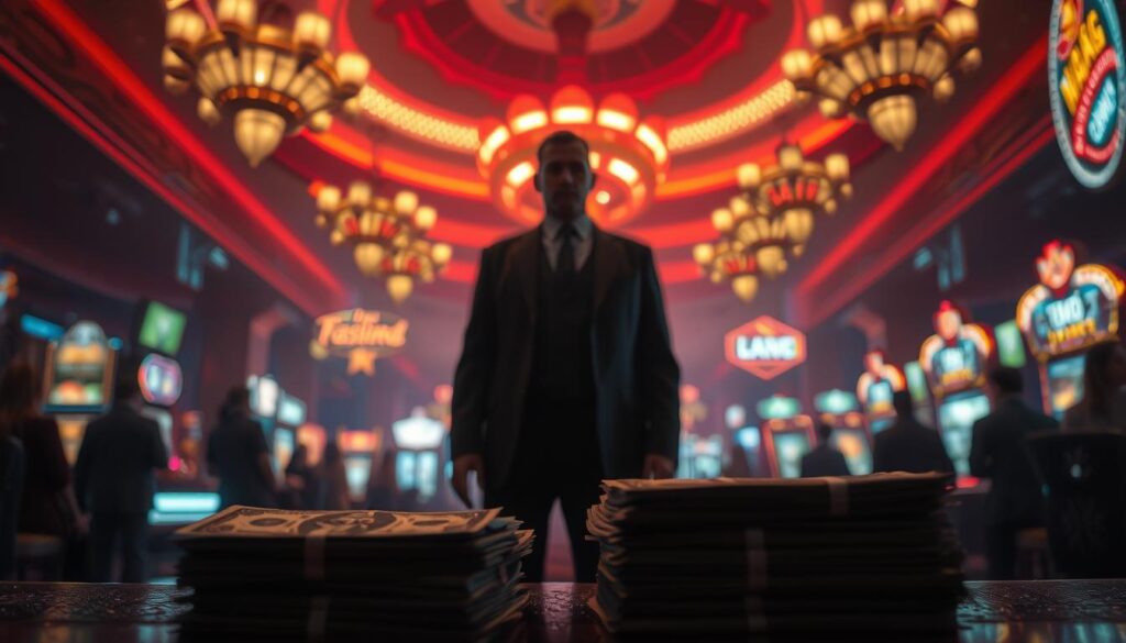 A dimly lit casino lobby, a shady figure in a dark suit stands amidst the flashing lights and chatter of gamblers. The air is thick with the scent of desperation and deceit. In the foreground, a stack of cash sits ominously, casting an ominous shadow over the scene. The background is blurred, hinting at the larger web of corruption and greed that lies beyond. The lighting is dramatic, creating a sense of tension and unease. The camera angle is slightly low, emphasizing the power and dominance of the figure in the center. This image captures the essence of the potential fraud and deception lurking within the casino industry, a cautionary tale for those seeking their fortune in the allure of the entertainment city.