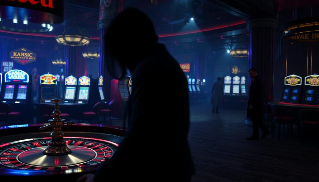 A dimly lit casino lobby, with a sense of unease and danger. In the foreground, a player hovers over a roulette table, their face obscured by shadows. In the middle ground, a shady figure stands at the edge of the frame, watching the proceedings with a predatory gaze. The background is hazy, with flickering lights and the faint sounds of slot machines and hushed conversations, hinting at the deceptive nature of the establishment. The scene evokes a sense of cautionary tale, warning the viewer to be wary of the hidden dangers lurking in the world of online gambling.