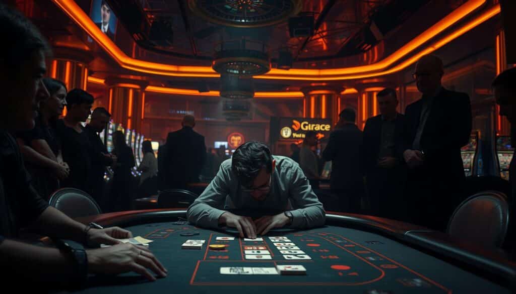 A dimly lit casino lounge, the air thick with anticipation. In the foreground, a lone gambler hunches over a baccarat table, their eyes fixated on the cards. Surrounding them, the shadows of onlookers, their expressions a mixture of excitement and trepidation. The lighting casts a warm, amber glow, accentuating the player's intense concentration. In the background, the faint outlines of slot machines and roulette wheels, the sounds of chips clinking and the murmur of conversation creating a palpable atmosphere of risk and reward. The scene captures the psychological tension inherent in the game of baccarat, the delicate balance between reason and emotion that governs the players' decisions.