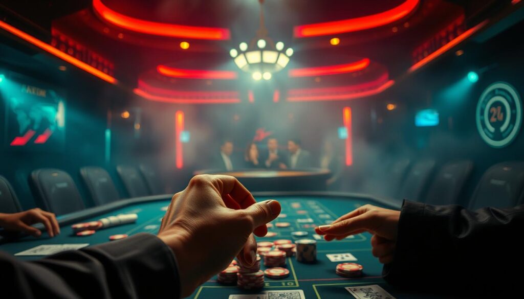 A dimly lit casino lounge, with a sense of tension and anticipation. In the foreground, a pair of hands delicately manipulating gambling chips, showcasing the skilled techniques of an experienced player. The middle ground features a gaming table, with cards, dice, and other gambling paraphernalia, all meticulously arranged. The background is shrouded in a hazy atmosphere, creating a moody and immersive setting. Soft, warm lighting illuminates the scene, casting subtle shadows and highlights that accentuate the tactile nature of the gambling experience. The overall composition conveys the strategic and calculated nature of online gambling, highlighting the importance of risk management and mastering specific techniques.