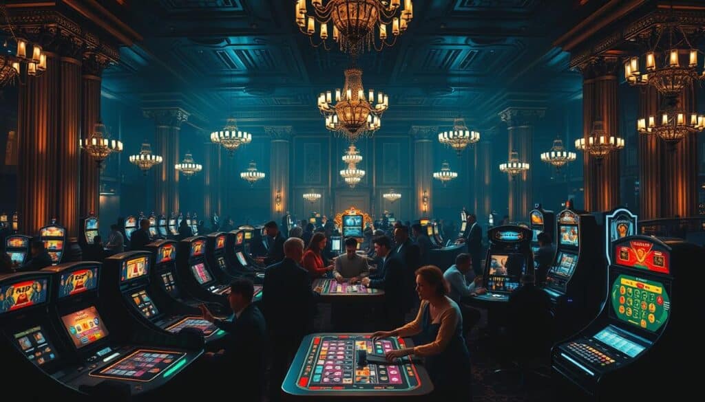 A dimly lit casino scene, featuring various gaming tables and machines in the foreground. In the middle ground, groups of smartly dressed patrons engaged in lively play, their expressions animated. The background comprises a vast, opulent interior with gilded columns, ornate chandeliers, and a sense of luxury and grandeur. Dramatic chiaroscuro lighting casts dramatic shadows, creating a moody, atmospheric ambiance. The overall composition conveys the diverse range of online casino entertainment options, from classic table games to modern electronic gaming.