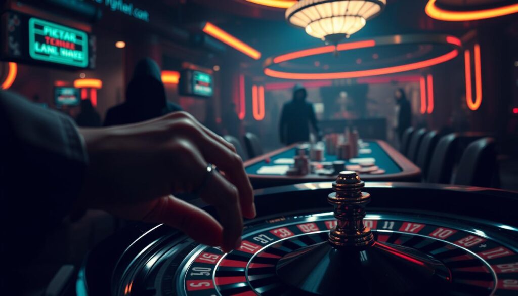 A dimly lit casino scene, with neon lights casting an ominous glow. In the foreground, a player's hand hovers over a spinning roulette wheel, the tension palpable. The middle ground features a sea of poker chips and playing cards, symbolic of the risks and rewards of online gambling. In the background, shadowy figures lurk, hinting at the potential for fraud and exploitation. The overall atmosphere conveys a sense of danger and unease, emphasizing the perils of unregulated online entertainment. The lighting is dramatic, with deep shadows and highlights that accentuate the high-stakes nature of the scene. The camera angle is slightly low, adding to the sense of foreboding and immersion.