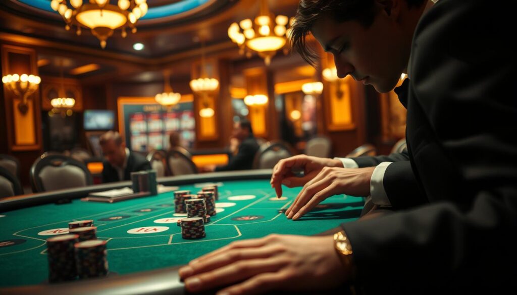 A dimly lit casino table, green felt surface illuminated by warm overhead lighting. Elegant hands expertly arrange casino chips in strategic patterns, a study in calculated risk and probability. The player's face is obscured, focused intently on the game unfolding. In the background, the opulent decor of the casino sets the stage, hinting at the high-stakes world of baccarat. The atmosphere is tense, electric with the thrill of the gamble. A masterfully executed baccarat betting strategy unfolds, a dance of luck and skill.