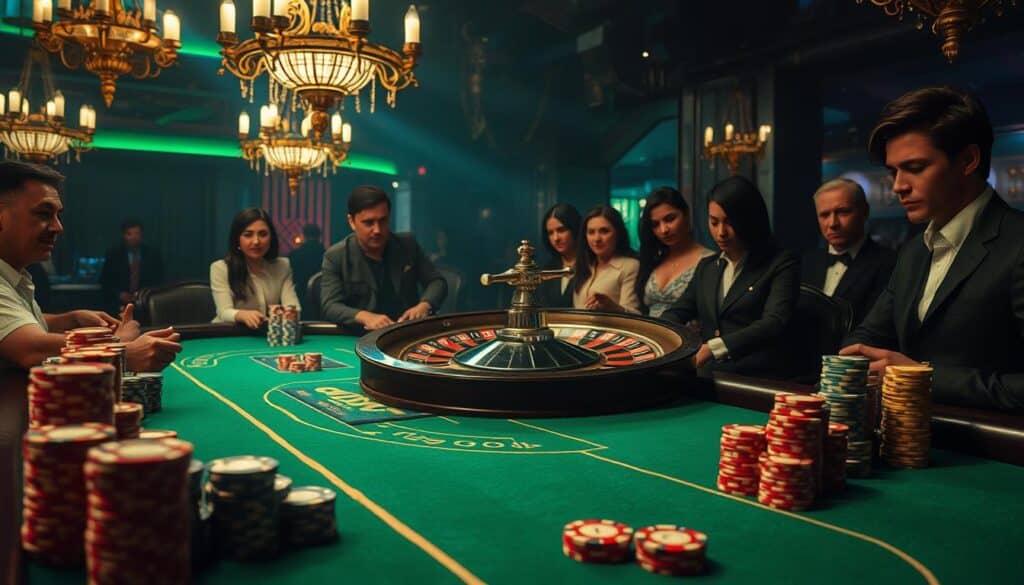 A dimly lit casino table, green felt surface reflecting the warm glow of overhead chandeliers. Stacks of poker chips in a rainbow of colors line the edges, awaiting the skilled hands of players. In the center, the iconic roulette wheel spins, its metallic gleam catching the light. Concentration etched on the faces of onlookers, anticipation palpable as the ball drops, the outcome hanging in the balance. A masterful display of strategy and calculated risk, the secrets of Baccarat unfold in this captivating scene.