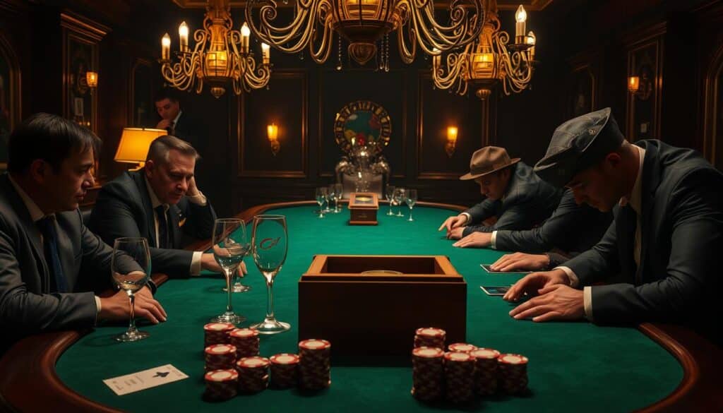 A dimly lit casino table, green felt surface reflecting the warm glow of table lamps. Elegant crystal glasses and a wooden dealer's box sit at the center, surrounded by stacks of casino chips in various denominations. The players, dressed in formal attire, lean forward intently, expressions focused as they strategize their baccarat bets. Shadows cast by the ornate chandeliers above create a sense of drama and high-stakes tension. The scene conveys the careful risk management required to navigate the nuances of this classic casino game.