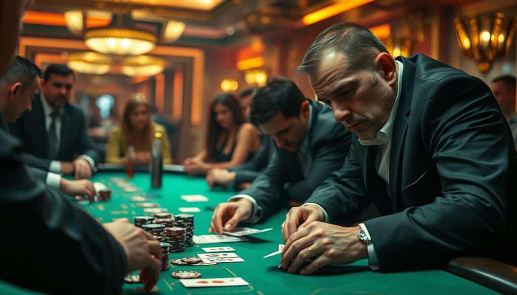 A dimly lit casino table, green felt surface shimmering under warm lighting. A dealer's hands deftly shuffling a deck of cards, the rhythmic sound of chips being stacked. At the table, a focused player leans in, meticulously tracking the cards dealt, applying advanced card counting techniques. Surrounding him, other gamblers watch intently, captivated by the unfolding game of Baccarat. The player's expression is one of intense concentration, his mind racing to anticipate the next outcome, seeking to gain the statistical edge. The scene conveys the high-stakes tension and intellectual challenge of this sophisticated card game, where the skilled application of math and probability can tip the odds in the player's favor.