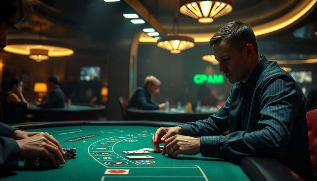 A dimly lit casino table, its green felt surface illuminated by the glow of overhead lamps. A dealer's hands expertly shuffle a deck of cards, the soft sound of chips clinking as players carefully consider their next move. In the foreground, a player contemplates their betting strategy, a pensive expression on their face as they study the table. The background is hazy, with other players and casino staff visible in the periphery, creating a sense of hushed anticipation. The scene conveys the intensity and focus of the game of Baccarat, where the right betting strategy can mean the difference between victory and defeat.