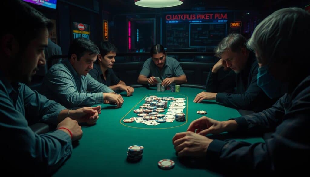 A dimly lit casino table, the felt a deep emerald green, poker chips in various denominations neatly stacked. In the center, a dealer's hand deftly shuffles a deck of cards, the soft sound of riffling filling the air. Around the table, players lean in, their expressions a blend of focus and anticipation, studying their cards and considering their next move, immersed in the time-honored strategy of Texas Hold'em. The scene exudes an aura of concentration, where the fundamentals of the game - the flop, the turn, the river - are the focal points, guiding the players towards victory or defeat, in a timeless dance of skill and chance.