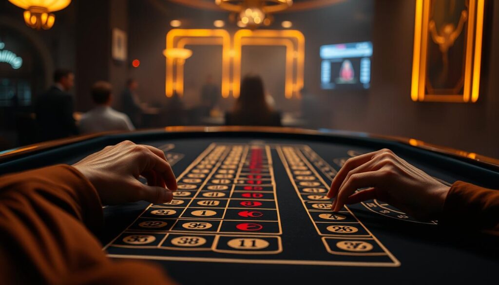 A dimly lit casino table, the felt surface adorned with the elegant and intricate patterns of a Baccarat layout. On the table, a grid of numbers and symbols representing the flow of the cards, a visual representation of the game's strategic "card path" analysis. The table is illuminated by the warm, golden glow of overhead lighting, casting a soft, cinematic atmosphere. In the foreground, a pair of hands carefully study the card path, meticulously tracing the patterns with their fingertips, seeking to uncover the game's secrets and gain an advantage. The background is hazy, blurred, emphasizing the player's focused attention on the table and the analytical process at hand.