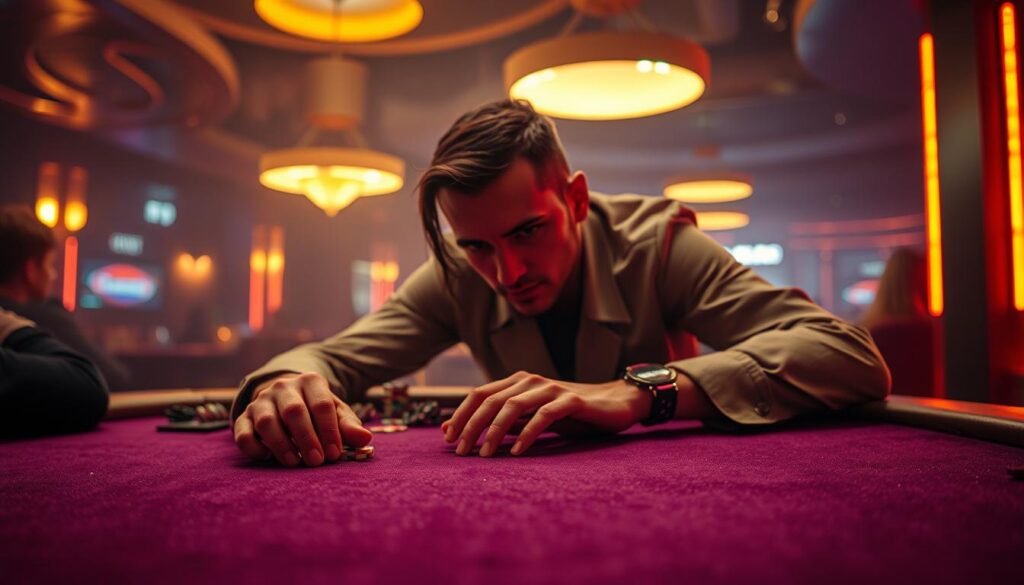 A dimly lit casino table, the felt surface gleaming under the warm glow of overhead lamps. A hand carefully places casino chips, strategically arranging them as the player leans in, eyes narrowed in concentration. The background is hazy, with the indistinct silhouettes of other players and the faint sounds of shuffling cards and the occasional cheer. The mood is tense, the atmosphere one of focused intensity, as the player contemplates their next move, seeking the key to online gambling success.