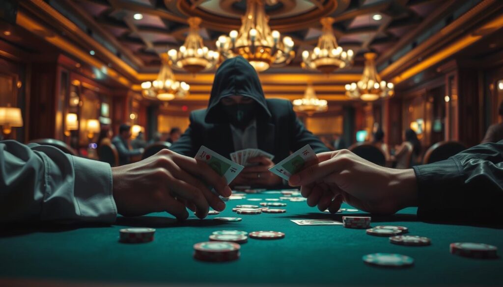 A dimly lit casino table, the felt surface illuminated by soft, warm lighting. Chips and cards scattered across the table, casting subtle shadows. In the foreground, the player's hands hold cards, strategically considering their next move. The middle ground features the other players, their faces obscured, creating an air of tension and uncertainty. In the background, the casino's lavish interior - ornate chandeliers, gilded moldings, and the faint buzz of activity. The scene conveys the strategic depth and high-stakes nature of Texas Hold'em, where position is everything.