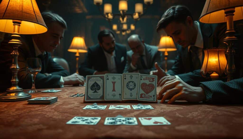 A dimly lit casino table, the felt surface worn and weathered, surrounded by the muted glow of table lamps. In the center, a deck of cards lies open, revealing the intricate patterns and symbols that hold the secrets of baccarat strategy. High-rollers lean in, their faces cast in shadows, as they study the cards with intense focus, analyzing the flow of the game and the ever-changing tide of luck. The air is thick with the tension of calculated risk, the thrill of the chase, and the pursuit of the elusive 'baccarat path' that will lead to victory.