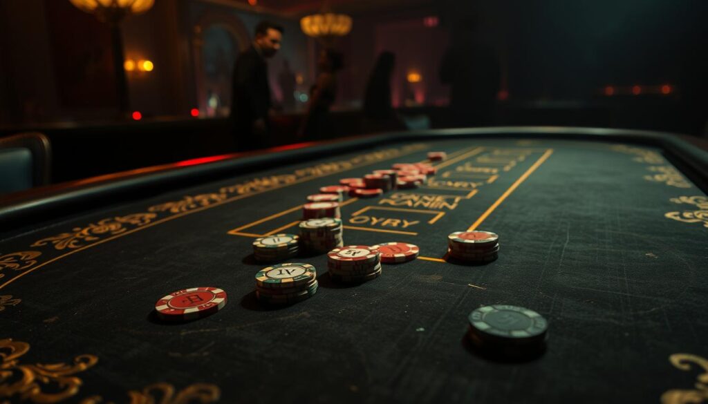 A dimly lit casino table, the felt surface worn with the passage of time. Atop it, a array of betting chips in various denominations, each representing a different risk-reward ratio for the game of Baccarat. The table's edges are adorned with intricate gold filigree, casting a warm glow over the scene. In the background, the hazy silhouettes of other players and dealers, their faces obscured in the shadows, creating a sense of mystery and anticipation. The lighting is low and moody, emphasizing the high-stakes nature of the game. The camera angle is slightly elevated, giving the viewer a bird's-eye perspective on the betting options laid out before them, inviting them to consider the risks and potential payouts of each wager.