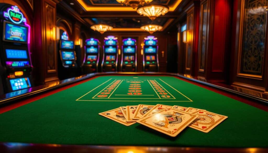 A dimly lit casino table, the green felt cloth reflecting the warm glow of overhead lights. Ornate wooden detailing frames the table, exuding an air of sophistication. On the table, the iconic baccarat cards are neatly arranged, their intricate patterns and golden edges catching the light. In the background, a row of slot machines stands, their screens casting a subtle blue hue across the scene. The atmosphere is one of quiet anticipation, as players strategize their next move in this classic game of chance. The camera angle is slightly elevated, providing a comprehensive view of the table and its surroundings, capturing the essence of the online baccarat experience.