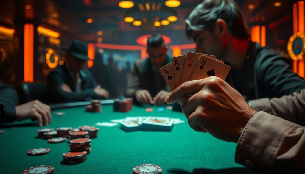 A dimly lit casino table, the green felt contrasting with the warm amber lighting. On the tabletop, poker chips in various denominations are scattered, hinting at the strategic decisions unfolding. In the foreground, a player's hand holds a pair of cards, the fingers thoughtfully caressing the edges as they ponder their next move. The player's expression is one of intense concentration, the eyes narrowed, the brow furrowed, revealing the psychological undercurrents of the game. In the background, the silhouettes of other players loom, their body language and facial expressions suggesting the emotional tension of the high-stakes encounter. The scene captures the essence of the psychological depth inherent in the game of Texas Hold'em poker.