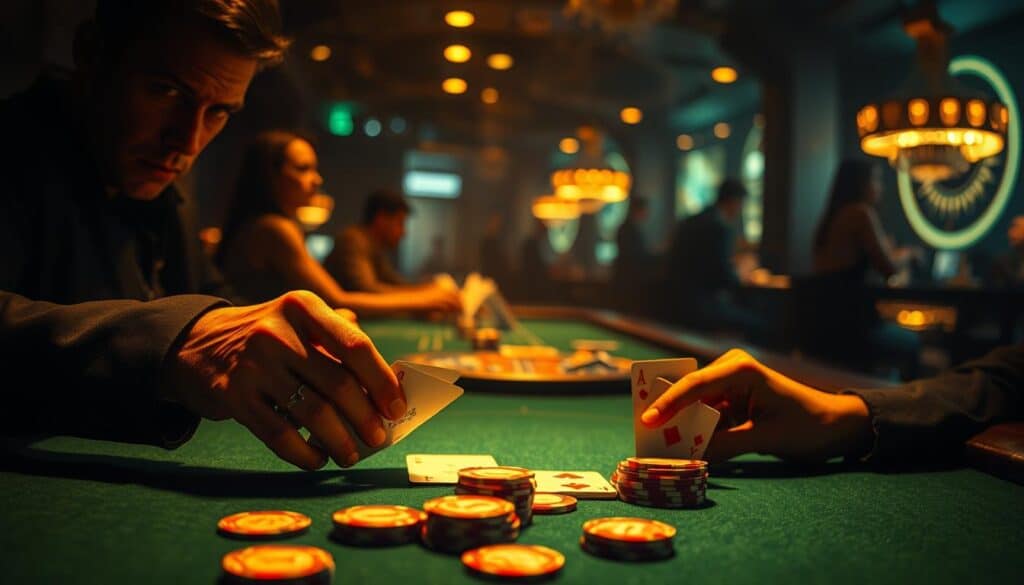 A dimly lit casino table, the green felt shimmering under warm, amber lighting. In the foreground, a skilled gambler's hands deftly manipulate the cards, their gaze intense and focused. The middle ground features an array of betting chips, strategically placed, reflecting the player's calculated moves. In the background, the hazy silhouettes of other players and dealers, creating an atmosphere of high-stakes competition. The scene conveys a sense of mastery, discipline, and the relentless pursuit of victory in the world of baccarat.