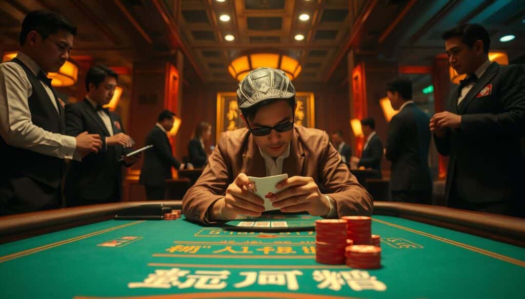 A dimly-lit casino table, the green felt surface a canvas for the cards and chips. Croupiers stand ready, their hands poised to deal the cards with precision. In the center, a experienced player meticulously calculates the Baccarat point count, their eyes narrowed in concentration. The table's edges are adorned with the traditional Chinese characters "百家樂", casting an air of elegant sophistication. Warm, amber lighting casts a soft glow, creating an atmosphere of anticipation and high-stakes gaming. The scene is captured from a low angle, emphasizing the grandeur of the casino setting and the player's mastery of the game's intricate mechanics.