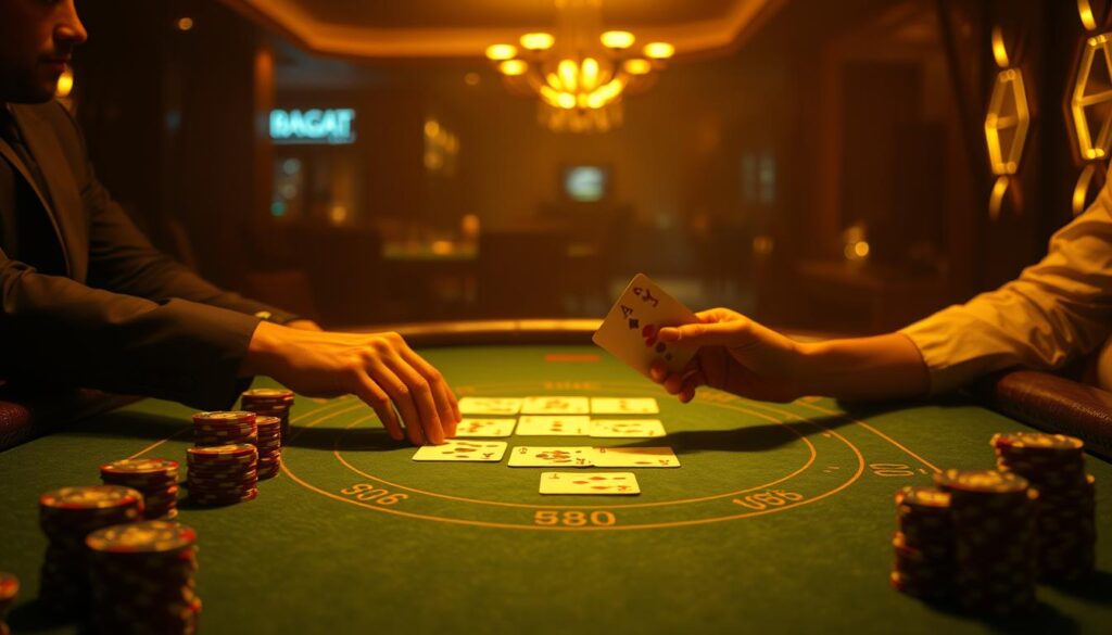 A dimly lit casino table, the green felt surface a canvas for the game of Baccarat. Soft, warm lighting casts a golden glow, creating an atmosphere of intrigue and anticipation. Stacks of chips in varying denominations line the edges, signifying the stakes at play. In the center, a pair of elegant hands carefully deal the cards, each movement precise and deliberate. The air is thick with concentration as players study the cards, calculating the expected value with mathematical precision. The scene conveys the delicate balance between chance and strategy, where the pursuit of the optimal play is etched into every detail.