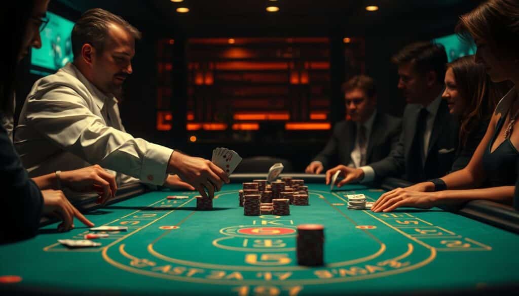A dimly lit casino table, the green felt surface a canvas for the thrilling game of Baccarat. Elegant hands move with practiced precision, chips cascading across the table as players study the cards, anticipation etched on their faces. The dealer, in a crisp white shirt, deftly shuffles the deck, the sound of shuffling cards punctuating the low hum of conversation. Soft, warm lighting casts a pensive glow, creating an atmosphere of intense focus and strategic contemplation. Intricate patterns on the felt table guide the ebb and flow of the game, as players weigh their decisions, guided by the fundamental rules of this captivating pastime.