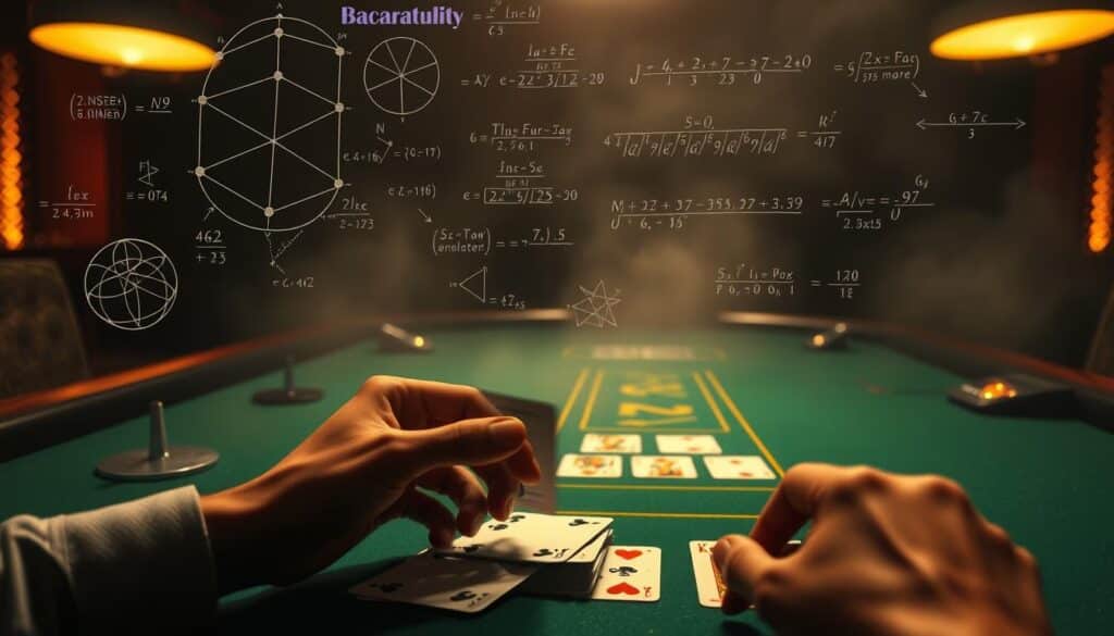 A dimly lit casino table, the green felt surface aglow under a warm spotlight. Intricate mathematical diagrams and equations float above the table, revealing the underlying probability and odds governing the game of Baccarat. In the foreground, a pair of hands expertly manipulate the cards, their movements guided by a deep understanding of the game's numerical principles. The background is shrouded in a hazy, atmospheric mist, creating a sense of mystery and the intellectual challenge of mastering this captivating game of chance and strategy.