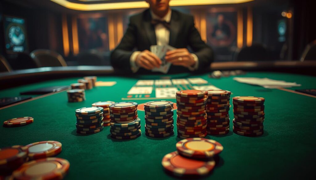 A dimly lit casino table, the green felt surface capturing the strategic intensity of a baccarat game. In the foreground, gambling chips of varying denominations are arranged in neat stacks, hinting at the calculated risks and decision-making processes of seasoned players. The middle ground features the dealer, their hands deftly dealing the cards, while the background is a blur of shadows and subtle, moody lighting, conveying the tension and excitement of the high-stakes environment. The overall composition evokes a sense of contemplation, inviting the viewer to explore the nuanced strategies and probabilities that define the world of baccarat.