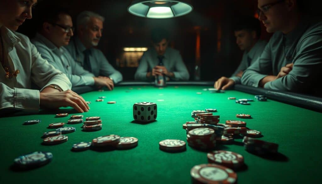 A dimly lit casino table, the green felt surface casting a serene glow. Scattered across the table, casino chips in varying denominations, each representing a strategic decision, a calculated risk. In the center, a pair of dice, their motion frozen, capturing the suspenseful moment of anticipation. The surrounding atmosphere exudes a sense of concentration, as players scrutinize the table, their expressions a tapestry of intrigue, anxiety, and the thrill of the game. Overhead, a softly diffused light casts subtle shadows, adding depth and dimension to the scene, creating a meditative and introspective mood. This is the psychology of baccarat, where the mind navigates the delicate balance of chance and strategy.
