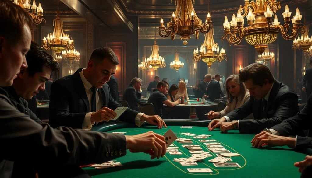 A dimly lit casino table, the green felt surface casting a warm glow. Crisp white cards are dealt by a croupier in a sharp black suit, their skilled hands guiding the game of Baccarat. Players lean in, expressions of concentration as they strategize their bets, the allure of the game palpable. Ornate chandeliers cast a soft light, creating an air of sophistication. In the background, the hushed conversations of other gamblers create a subtle ambiance, heightening the tension of the high-stakes play. A sense of elegance and refined excitement permeates the scene, capturing the essence of the classic casino experience.