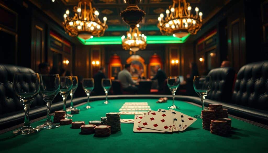 A dimly lit casino table, the green felt surface casting a warm glow. Elegant crystal glasses, casino chips in a variety of denominations, and the iconic Baccarat cards fanned out, inviting the player to partake in the timeless game. The table is framed by plush leather chairs, hinting at the sophisticated atmosphere. Soft lighting from ornate chandeliers above casts a subtle, inviting ambiance, creating a sense of anticipation and mystery. In the background, the faint buzz of conversation and the occasional clink of glasses adds to the immersive experience, transporting the viewer to the heart of a traditional Baccarat gaming hall.