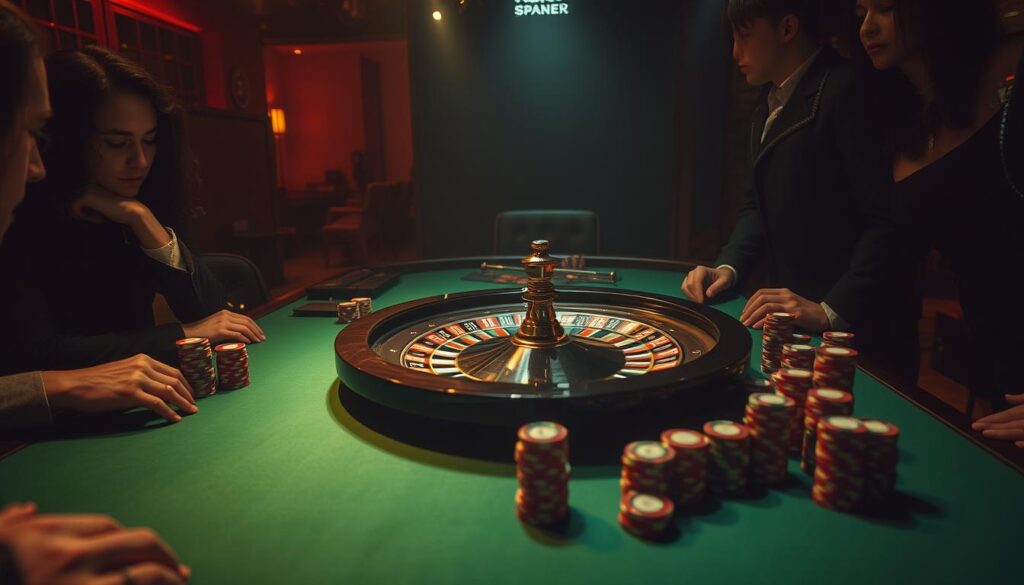 A dimly lit casino table, the green felt surface casting a warm glow. In the center, a roulette wheel spins, its silver spokes glinting under muted spotlights. Stacks of casino chips in various denominations are arranged neatly, hinting at the potential winnings and losses. The atmosphere is tense, with players leaning in, anticipation etched on their faces. The camera angle is slightly elevated, giving a bird's-eye view of the scene, emphasizing the strategic nature of the game. The overall mood is one of contemplation, as the viewer ponders the risks and rewards of the "平局賠率" - the potential payouts when the ball lands on the zero.
