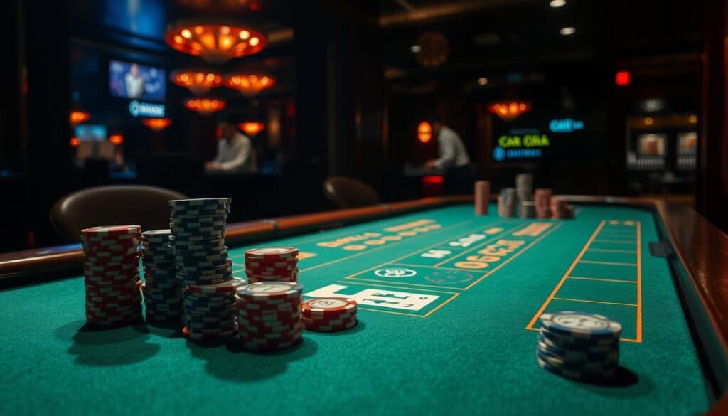 A dimly lit casino table, the green felt surface contrasting with the polished wood of the edges. Stacks of casino chips in various denominations are neatly arranged, each one a symbol of the strategies and tactics employed by seasoned baccarat players. The table is empty, but the air is thick with the anticipation of the next round, as the croupier waits patiently to deal the cards. The lighting casts dramatic shadows, heightening the tension and the sense of careful, calculated decision-making. In the background, the muted sounds of the casino create an atmospheric backdrop, adding to the immersive experience of the baccarat gameplay.