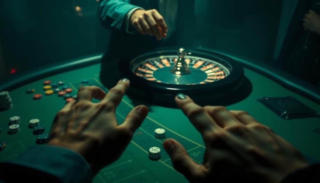 A dimly lit casino table, the green felt surface dotted with scattered chips and dice. The croupier's hand hovers above the spinning roulette wheel, anticipation palpable as the small white ball bounces around the numbered slots. In the foreground, a player's hand tentatively reaches out, fingers twitching with nervous energy, the outcome of their gamble hanging in the balance. The background is hazy, the atmospheric lighting casting long shadows and creating a moody, almost cinematic atmosphere. The overall scene conveys the thrilling yet precarious nature of gambling, where luck and chance reign supreme.