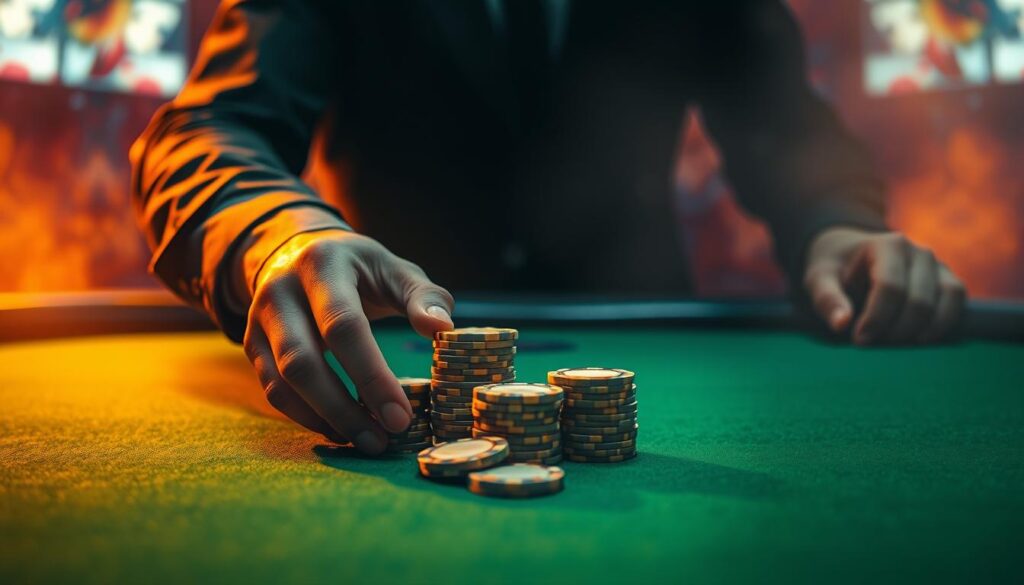A dimly lit casino table, the green felt surface gleaming under warm, atmospheric lighting. A stack of crisp, golden casino chips rests at the center, symbolizing the potential riches. In the foreground, a pair of disembodied hands carefully arranging the chips, hinting at the strategic dexterity required to maximize winnings. The background is shrouded in a soft, dreamlike haze, creating a sense of focus and intensity around the central tableau. The overall mood is one of calculated risk and the pursuit of financial mastery within the high-stakes world of casino gambling.