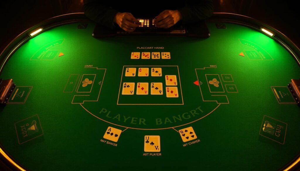 A dimly lit casino table, the green felt surface gleaming under warm, golden lighting. Detailed diagrams of baccarat gameplay unfolding across the table, illustrating the fundamental rules and mechanics - the player and banker hands, betting areas, and card dealing choreography. An air of sophistication and concentration permeates the scene, as players study the table's layout, ready to make strategic decisions. The table is framed by ornate wooden edges, hinting at the traditional elegance of this enduring casino game. The overall atmosphere evokes the allure and intellectual challenge of mastering the timeless art of baccarat.