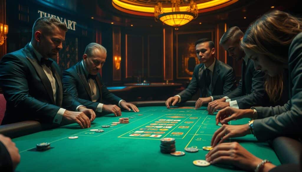 A dimly lit casino table, the green felt surface gleaming under warm, golden lighting. Elegant croupiers stand ready, their hands poised to deal the cards. Players lean in, faces alight with anticipation, fingers grasping their chips as they contemplate their next move. The air is thick with tension and the thrill of the game, as the players navigate the intricacies of Baccarat, seeking to capitalize on the opportunities presented by the cards. The scene conveys the allure and challenge of this ancient game, where strategy, luck, and the thrill of the gamble converge to create a captivating and immersive experience.