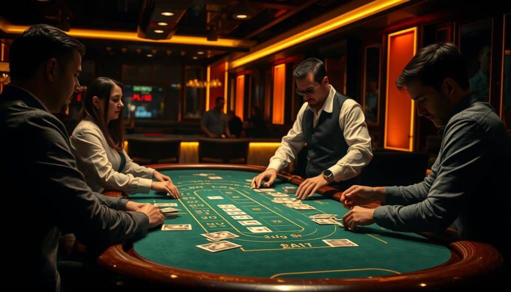 A dimly lit casino table, the green felt surface gleaming under warm, golden lighting. Wooden edges and chrome accents give the table a classic, luxurious feel. A dealer in a crisp white shirt and black vest stands poised, ready to guide players through the intricate rules of Baccarat, the elegant and strategic card game. Cards are dealt with precision, as the players' faces are illuminated by the soft glow, deep in concentration. The atmosphere is one of careful calculation and quiet anticipation, inviting the viewer to immerse themselves in the timeless tradition of this iconic casino game.