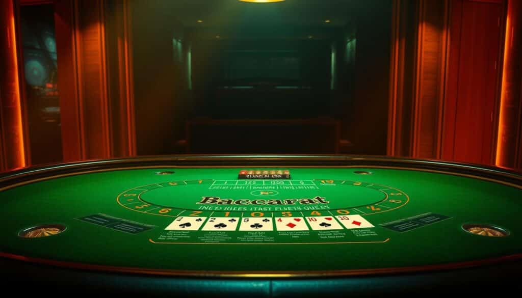 A dimly lit casino table, the green felt surface gleaming under warm, mellow lighting. Polished wooden edges frame the scene, creating a sense of refined elegance. At the center, a detailed illustration of the Baccarat game rules unfolds, meticulously depicting the card values, betting options, and gameplay mechanics. The information is presented in a clean, easy-to-understand layout, with subtle visual cues guiding the viewer's attention. The overall composition conveys a atmosphere of strategic contemplation, inviting the viewer to delve into the intricacies of this classic casino game.