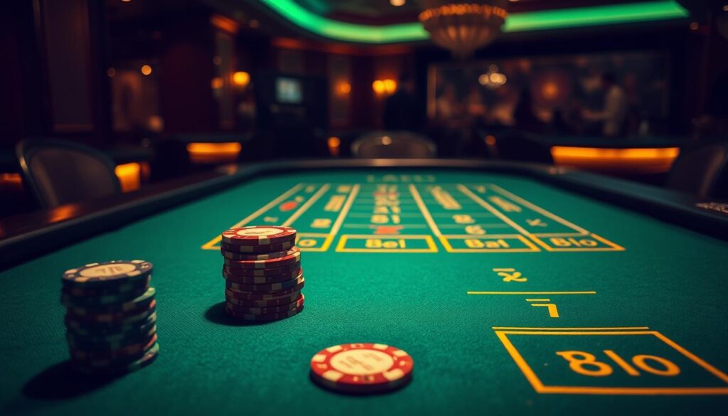 A dimly lit casino table, the green felt surface glistening under soft, warm lighting. In the foreground, a neat stack of casino chips in various denominations, ready for gameplay. The middle ground features the classic baccarat table layout, with designated player, banker, and tie bet areas marked in gold. In the background, a hint of luxurious decor and the faint silhouettes of other tables, creating an atmosphere of sophisticated entertainment. The scene conveys the essence of the classic baccarat game, inviting the viewer to explore its basic rules and strategies.